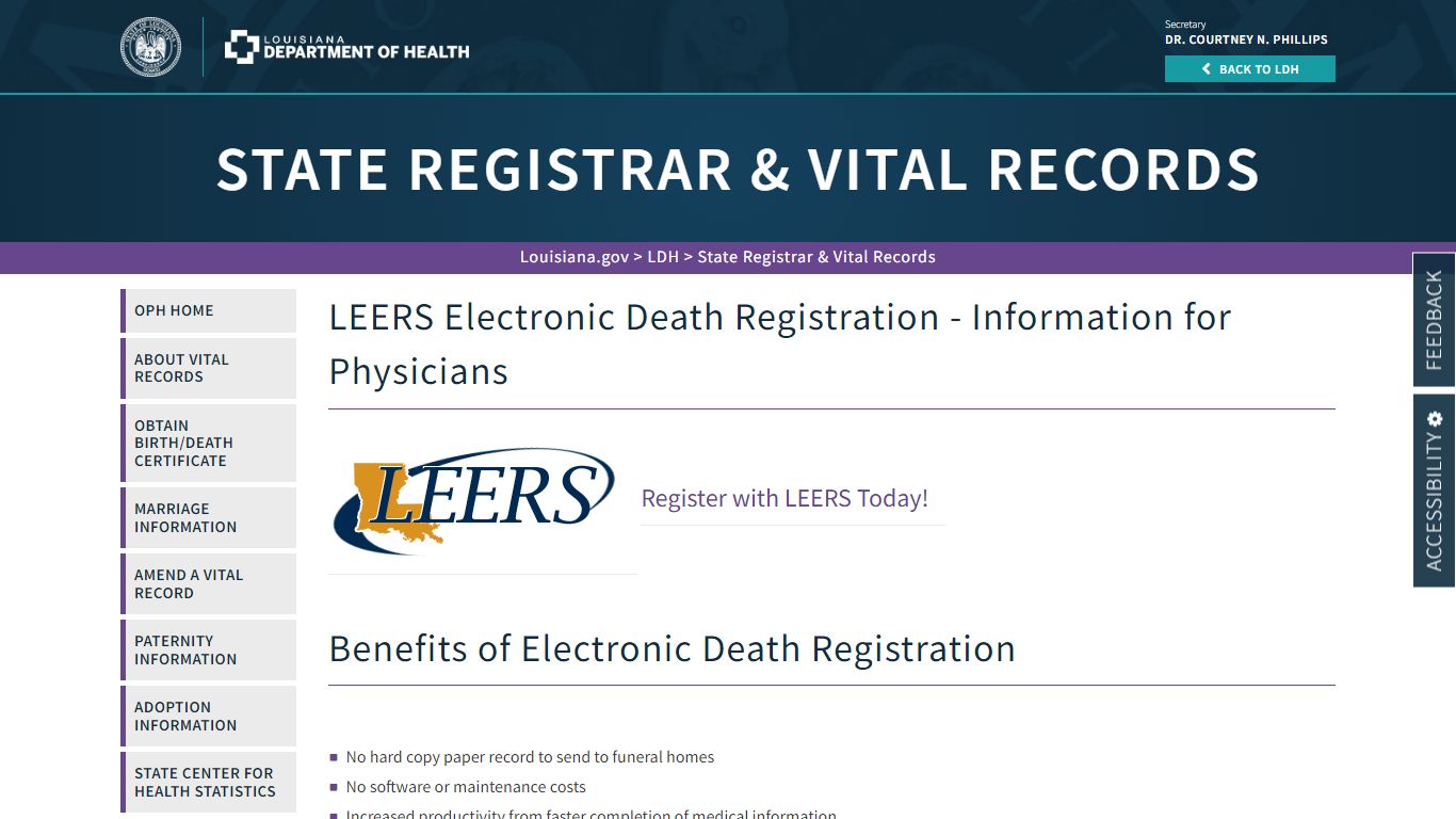 LEERS Electronic Death Registration - Louisiana Department of Health